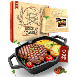 Чавунна гриль-сковорода Krustenzauber 26 см з подвійним руків'ям для індукційних плит. Рифлена сковорода для смаження