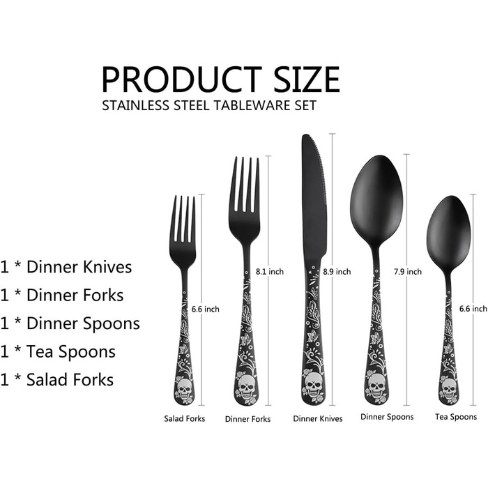Набір столових приборів XIAOYU з черепами, готичний, з нержавіючої сталі на 4 особи. Хелловінський дизайн (5 предметів)