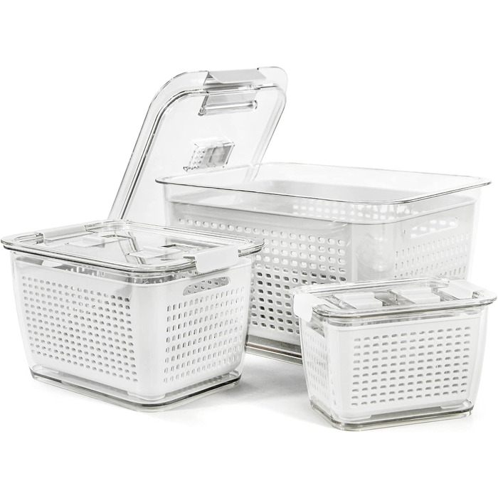 Freshness Food Storage Containers Set Refrigerator Organizer Reusable Storage Containers 3-Piece Set (0.5L+1.7L+4.5L) Plastic Refrigerator Organizer Set with Lid and Strainer (White, 3-Piece Set)