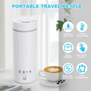 Flintronic Travel Electric Kettle, 380ML Mini Electric Kettle, 220 V / 300W Thermos Flask, 304 Stainless Steel Liner, Small Portable Electric Kettle with Automatic Shut-Off (C-wei-b-475ml)