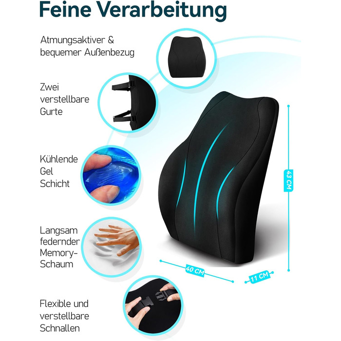 Подушка для спини Ergonomica Travel Ease з Memory Foam, для офісного та комп'ютерного крісла, з антистатичним, приємним до шкіри чохлом, для комфортної посадки (Чорний)