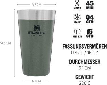Термокружка Stanley Adventure Stacking Bierkrug 473 мл з нержавіючої сталі, зелений колір, з подвійними стінками, вакуумна ізоляція, BPA-Free, для зберігання напоїв холодними до 4 годин, можна мити в посудомийній машині