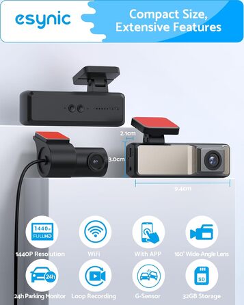 eSynic Mini Dashcam: Автомобільний відеореєстратор з Wi-Fi, 1080P Full HD, 160° Кут огляду, Нічне бачення, G-сенсор, Паркувальний режим, Керування через додаток, 32GB SD-карта в комплекті (Дві камери - передня та задня)