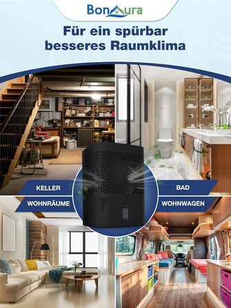 BonAura® Безструменевий осушувач повітря до 23 м² | 360° вентиляція | Осушувач для дому з виливом та 5 x 680 г гранул | Захист від плісняви та неприємних запахів | Осушувач повітря для квартири (Airone Black + 5 X гранул)