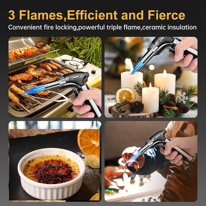 Газовий пальник Aideepen Flambierbrenner з трьома пальцями, регульованою полум'ям для приготування десертів, випічки, кемпінгу та барбекю (бутан не входить у комплект)