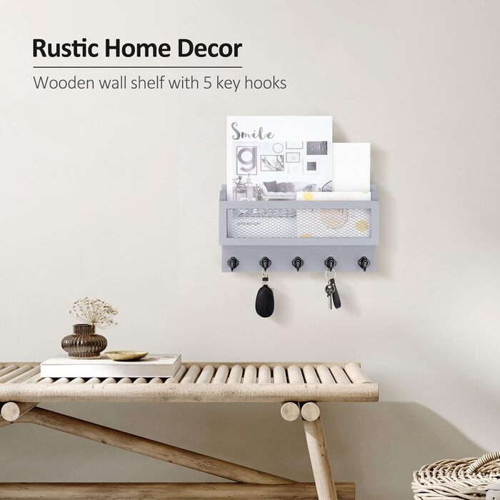 Wall decor brief and key holder, 27.9 cm (11 inch) wood wall key organizer with 5 key hooks, wall mount, storage shelf for entryway, hallway (white) (grey)