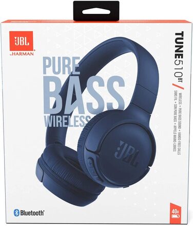 Навушники JBL Tune 510 BT Bluetooth – бездротові, складні, з функцією гучного зв'язку, сумісні зі голосовими асистентами, до 40 годин роботи (блакитні)