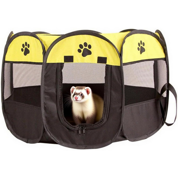 Клітка-забіг для цуценят 74x74x43 см – Розкладний вольєр для собак та котів – Клітка для кроликів та інших дрібних тварин – Безпечний вольєр для дому та вулиці (Жовтий + лапа собаки)