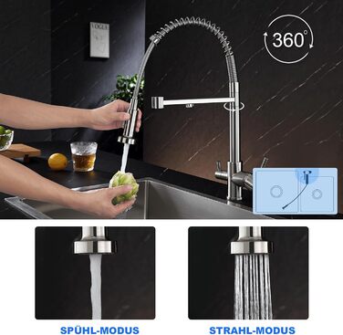 Кухонний змішувач 3 в 1 з поворотним гусаком 360° та двома режимами (з душем), з нержавіючої сталі та латуні, для фільтрації води, з двома ручками