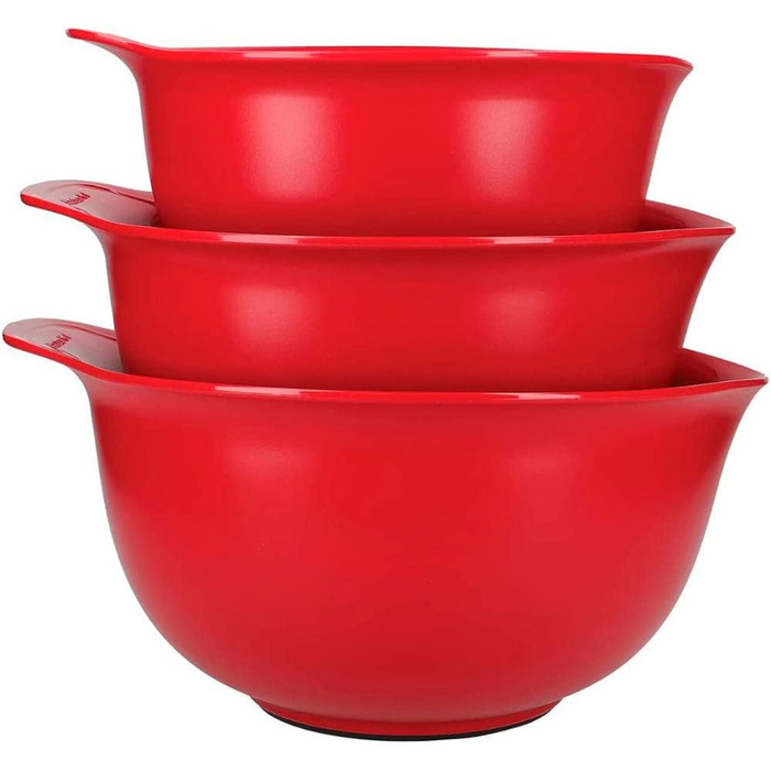 KitchenAid, Plastic, 3-Piece Mixing Bowl Set, Dishwasher Safe, Nesting, 3 Bowls with Non-Slip Base and Spout – Empire Red