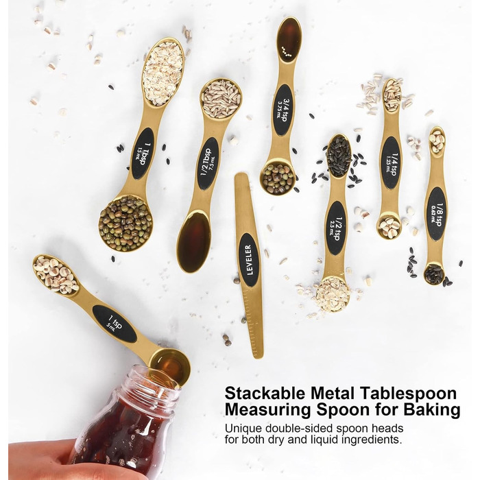 Magnetic Measuring Spoon Set, Stainless Steel with Leveler, 9 Piece, Stackable Measuring Cups for Baking, Measuring Cups and Spoons Set, Kitchen Gadgets, Household Utensils, Fits Spice Jars