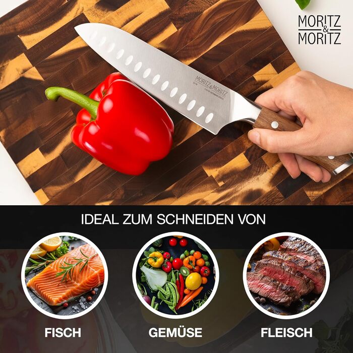 Ніж Santoku Moritz & Moritz 18 см - професійний кухонний ніж у японському стилі з надзвичайно гострою клинком - для м'яса, суші та іншого. Ергономічна ручка з акації. Німецька сталь Santokumesser