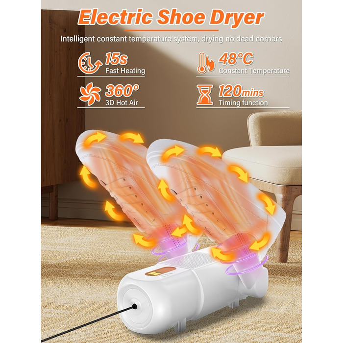 Електричний сушильник для взуття та черевиків з таймером 120 хв, UV-підсвічуванням, чорний