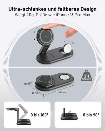 Зарядна станція 3-в-1 для Apple Watch та iPhone з MagSafe, сумісна з iPhone 17, 16, 15, 14, 13, 12, AirPods Pro (білий/чорний)