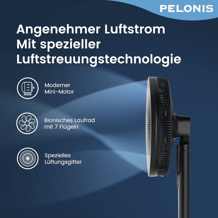 Турбовентилятор PELONIS з пульт дистанційного керування, дисплеєм, 3D циркуляцією, 36.5dB, 10м повітряний потік, регульована висота 60/111см, 4 режими з таймером, знімний захист, поворотний, 76см, оранжевий