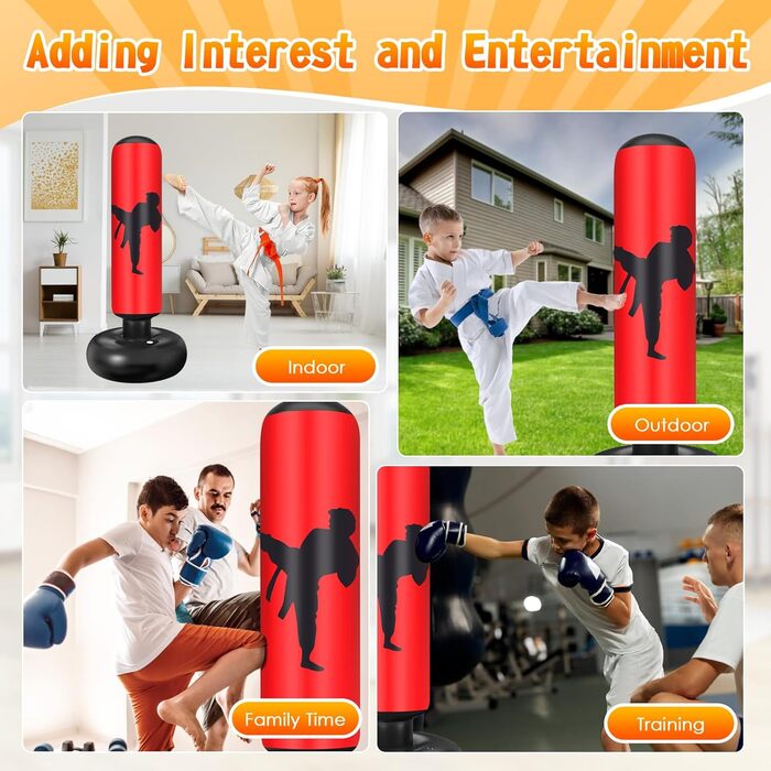 Боксерський мішок для дітей Ninonly з рукавичками та насосом. Ідеально для дому, вулиці, спортзалу від 6 років. Червоний.