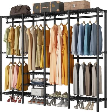 KZOBYD Clothes Rack, Coat Rack with 6 Height-Adjustable Shelves, Clothes Rail with 4 Hanging Compartments, Plenty of Space, for Bedroom, Living Room (Black)