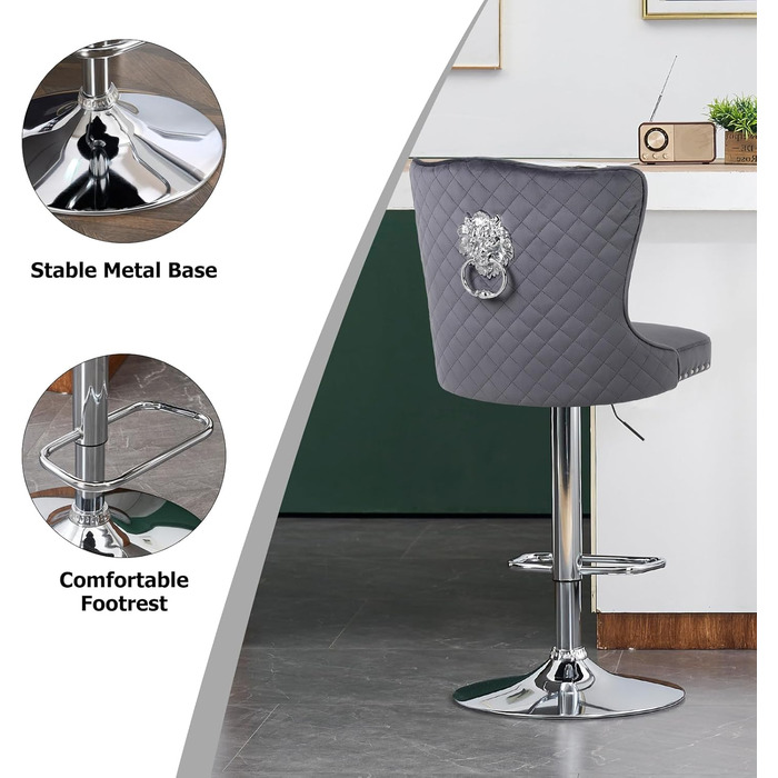 KHISCHMO Set of 4 Velvet Bar Stools - Modern Kitchen Counter Stools with Lion Paw Pulls - Adjustable Height, 360° Swivel - Black (Gray)