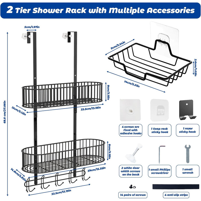 Настінна поличка для душу AIGOCITY без свердління, чорна, для скляних душових кабін, з 3 гачками, регульована висота, для шампуню та гелю для душу