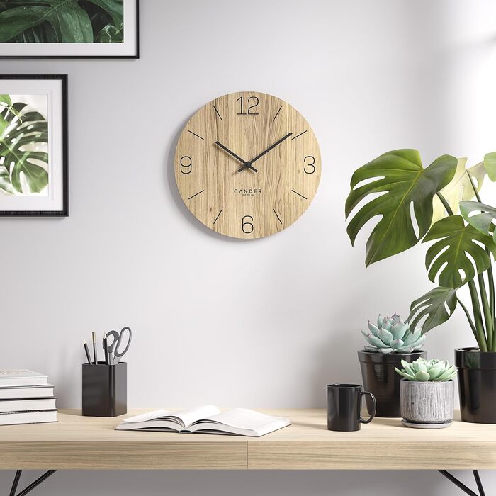 Cander Berlin MNU 2725 D Wall Clock Wood Silent 25 cm Modern Oak Veneer Vintage No Ticking Sounds Kitchen Living Room Analog