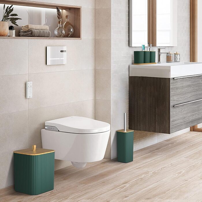 Набір для ванної кімнати Z ZONAMA 24 предмети: душовий завіс, килимок, сміттєве відро, тримач для унітазу, дозатор мила. Стильний набір для дому та квартири. Колір: зелений