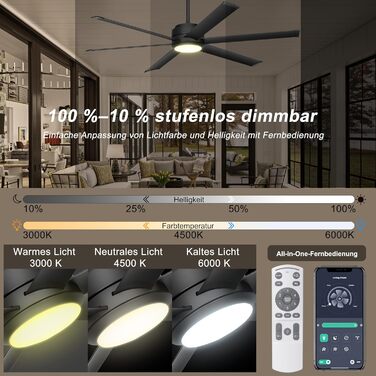 Deckenventilator Ohniyou з підсвіткою, пультом та додатком, 152.4 см (60 дюймів), регульована яскравість, DC-двигун, великий вентилятор для тераси, вітальні, чорний