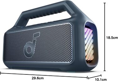 Soundcore Boom 2 - портативна Bluetooth колонка, 80W, сабвуфер, LED-підсвічування, IPX7, 24h, USB-C, BT 5.3, для кемпінгу, пляжу, саду (блакитна)