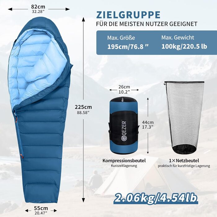 Сплячий мішок для дорослих та дітей, зимовий, легкий, для кемпінгу та альпінізму, 650 FP гусячий пух, 8°C ~ -30°C (Блакитний, 1500г пуху)