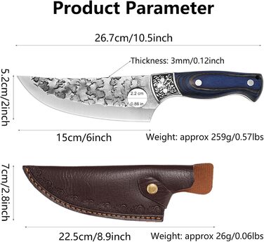 Японський ніж для обробки м'яса Doklasu, ручної роботи, full tang, з високоякісної сталі 5Cr15MoV, з червоним дерев'яним руків'ям та піхвою (15 см)
