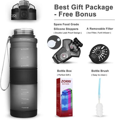 ZORRI Sport Water Bottle for Kids, 500 ml/700 ml/1000 ml, BPA-free, eco-friendly Tritan plastic, reusable water bottles with filter, Grey-1000ml, 1000ml-32oz