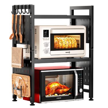 Стійка для мікрохвильової печі SAYZH, 2-рівнева розширювана, з 10 гачками, чорна