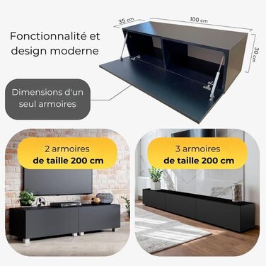 4housedesign® TV Board Lowboard Hanging | TV Cabinet Sideboard Living Room | Lowboard Living Room TV Shelf TV Board Hanging TV Cabinet TV 55 Inch - TV Lowboard Black Matt (300 (3x100), Black Matt)