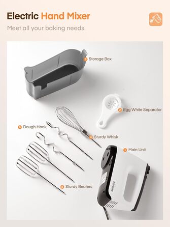 Електричний ручний міксер 400 Вт з 6 швидкостями та Turbo Boost, з набором аксесуарів, нержавіюча сталь, білий