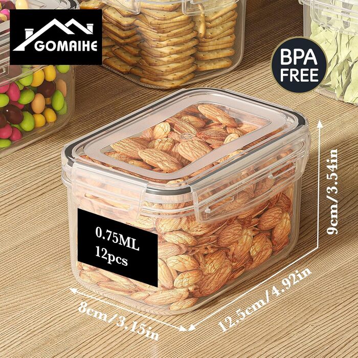 Контейнери для зберігання GoMaihe 12 шт. з кришкою: набір для кухні, 800 мл, з етикетками. Їдальня для їжі, крупи, цукру та спецій. Без BPA, придатні для миття в посудомийній машині. Чорний колір, 0.8 л x 12 шт.