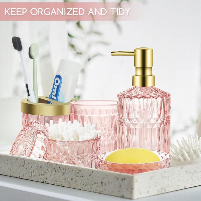 Набір аксесуарів для ванної кімнати зі скла: мильниця, дозатор мила, стакан, тримач для зубних щіток, контейнер для ватних паличок, рожевий колір