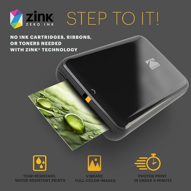 KODAK Step: Портативний принтер для фото з телефону - Друкує фото 2x3” на клейкій папері ZINK - Bluetooth, сумісний з iOS та Android - Чорний