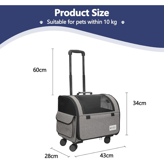 Чемодан для собак та котів Galatée з колесами, переноска для тварин, схвалена авіаперевозниками, складна переноска з дихаючою сіткою, візок для домашніх тварин (білий/сірий)