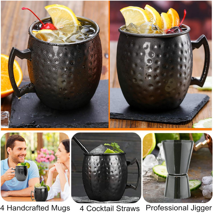 Moscow Mule Mug Set, 4-Piece, Gunmetal Black 550ml, Moscow Mule Mug with 4 Cups, 4 Straws, 1 Measuring Cup for Cold Drinks, Beer, Gin, Vodka, Cocktails, and Water Enjoyment