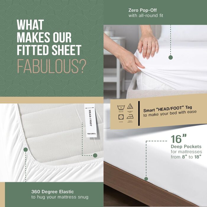TEXAS LINEN CO. 100% Organic Cotton Fitted Sheet Set for Deep Pocket Double Beds – 3-Piece Organic Cotton Percale Bed Sheet Set (White), Soft, Cooling, Breathable, 40.6 cm (16 inch) Deep Pocket Hotel Bed Sheets