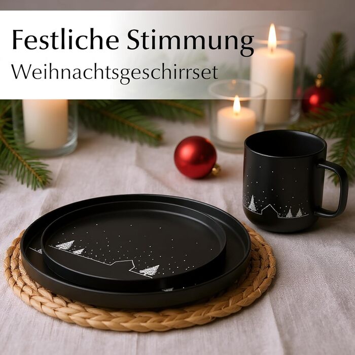Набір чашок Miamio на Новий Рік, 4 шт, 500 мл, чорні / Кавові чашки на Різдво, мінімалістичний зимовий мотив, подарунок на Новий Рік, безпечні для миття в посудомийній машині та використання в мікрохвильовці – Vinter Collection (12 шт)