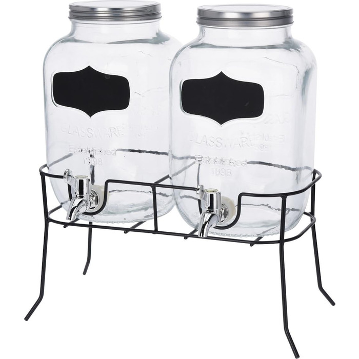 Beverage Dispenser Set - 2 x 4L Glass Jars with Tap and Stand - Juice Dispenser Water Dispenser