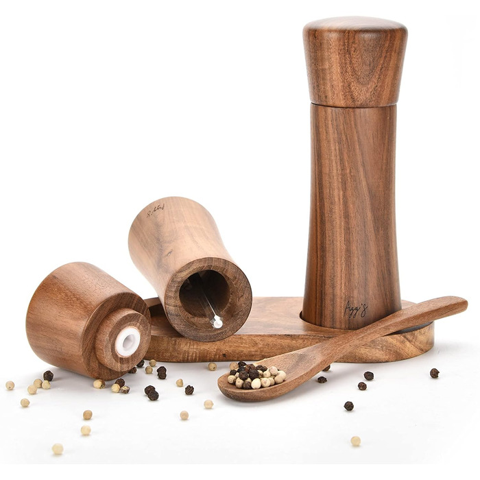 figg Salt and Pepper Grinder Wood Small (15.5 cm) - Set - Spice Grinder with Ceramic Grinder including Wooden Spoon and Wooden Coaster - Suitable as a Pepper and Salt Grinder