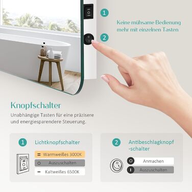 Дзеркало для ванної кімнати EMKE з підсвічуванням 50x70 см, запобігання запотіванню, 3 кольори світла, регулювання яскравості, сенсорне управління, функція пам'яті та автоматичне вимкнення через 3 години, ідеально для ванної кімнати (60 x 40 см)