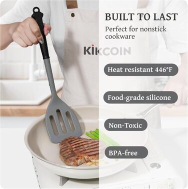 Набір кухонних аксесуарів Kikcoin 43 шт. - Силіконовий набір кухонних інструментів, безпечний для миття в посудомийній машині, лопатки для антипригарного посуду, 230°C, термостійкі кухонні помічники з підставкою, BPA-free, колір: авокадо (сірий)