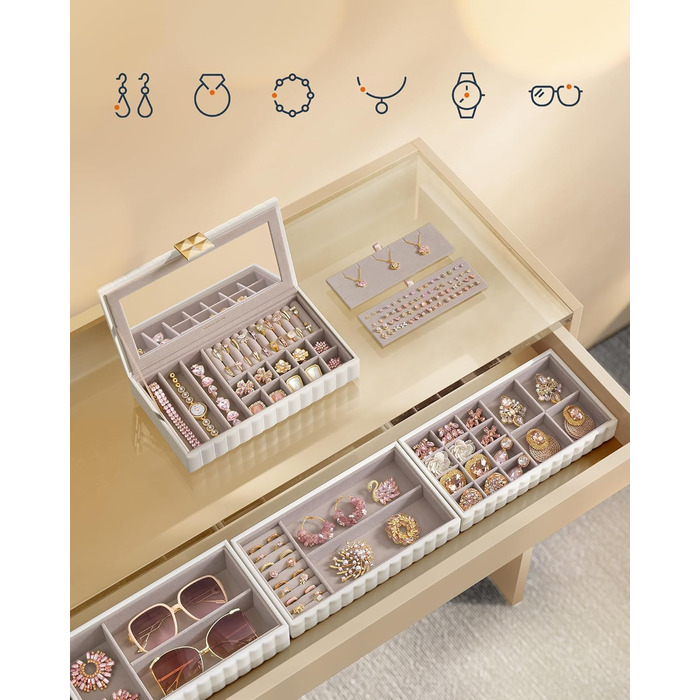 SONGMICS HOME ANAH - Скрінька для прикрас, 4 ящики, з дзеркалом, білий, 17 x 28 x 20,5 см, JBC181W01