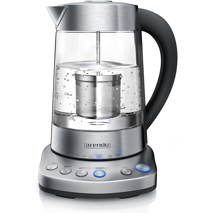 Arendo - Glass Water Kettle with Temperature Setting and Tea Strainer - Electric Kettle in Stainless Steel - Temperatures 70, 80, 90, 100 Degrees - 1.7 Liter - 2400 Watt - Keep Warm Function - BPA Free