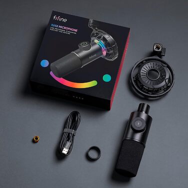 Мікрофон FIFINE K658 Black - USB мікрофон для ПК, PS4, PS5, MAC з RGB підсвічуванням, динамічний, 16 біт/48 кГц, 3.5 мм роз'єм для навушників, Plug-and-Play, з амортизатором