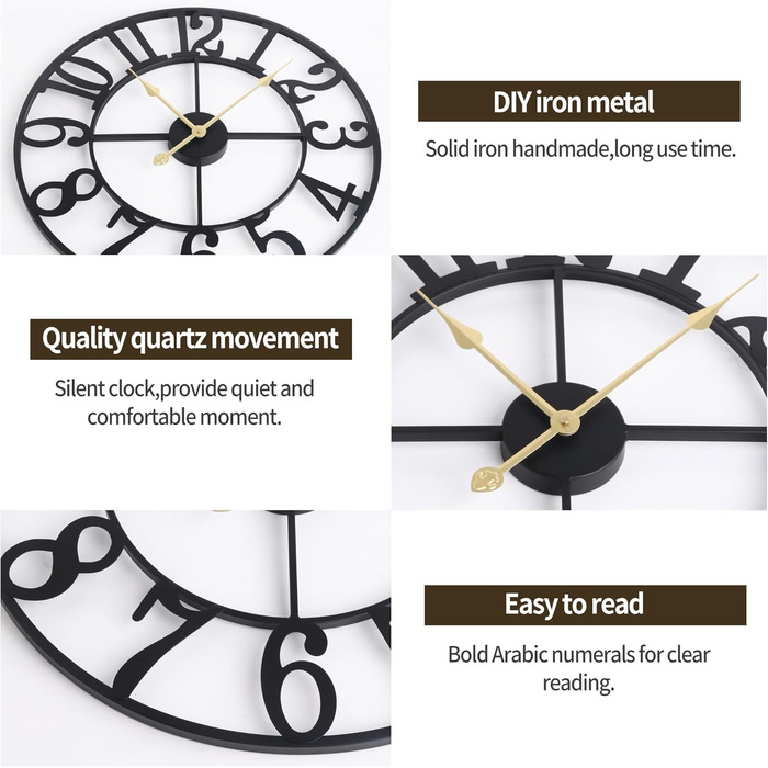 Maxstar Modern Roman Numeral Large Wall Clocks, Non-Ticking Round Metal Silent Vintage Wall Clock for Living Room, Kitchen, Bedroom, Garden Decor - Gold (Black Arabic, 40CM)