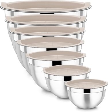 Homikit Mixing Bowls, 7-Piece Stainless Steel Bowl Set with Airtight Lid, Stackable Salad Bowl for Cooking/Baking/Serving, Dishwasher Safe, 6.5/4.5/2.7/2.5/1.5/1.2/0.7L, Khaki