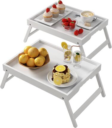 Столик-табурет Youpehom з розкладними ніжками, бамбук, для сніданку в ліжку, кухні, сервірування, дивану, їжі, як стіл для ноутбука, таця для перекусів, 2 шт., білий, 2 шт.